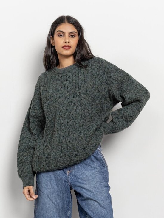 Aran Crafts Sweaters - GREEN IRISH WOOL Cable Knit Winter Jumper Crew Neck / Medium